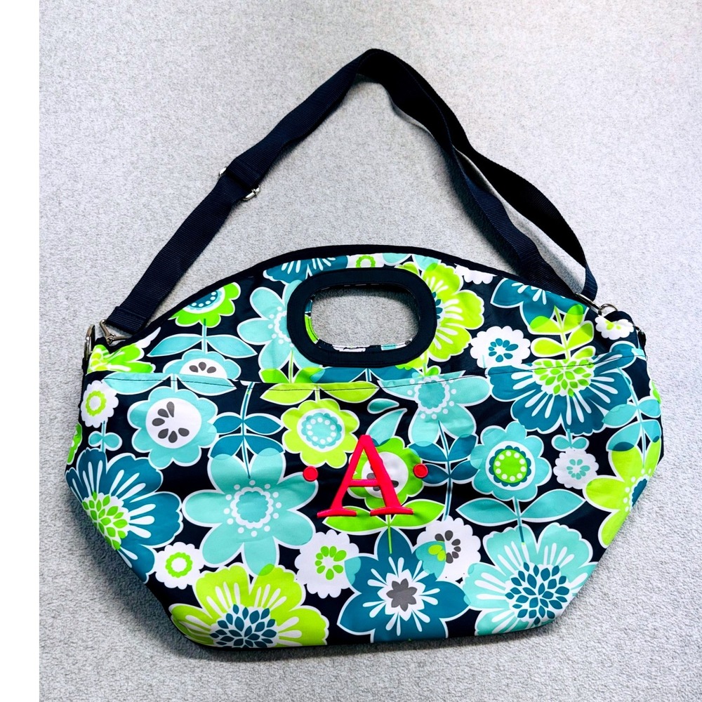 Thirty-One Floral Tote Bag Navy Teal Green Shoulder Strap Pink A Monogram Retro